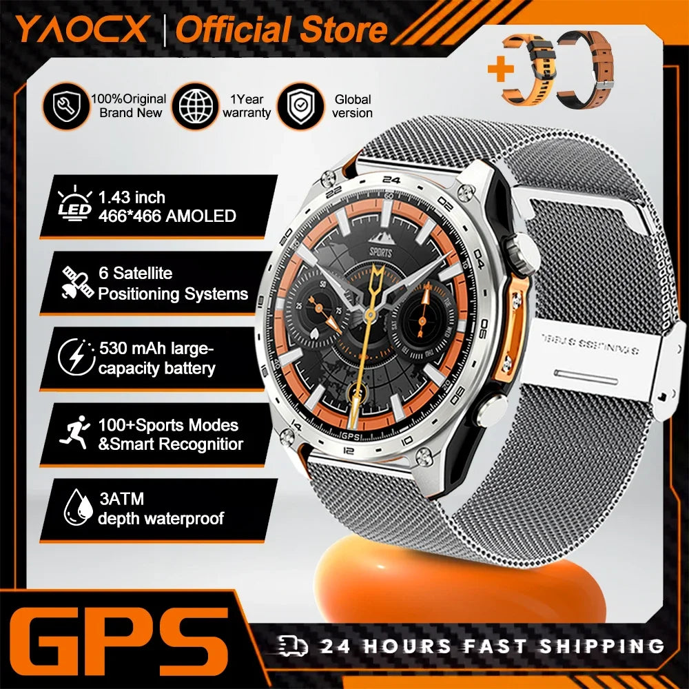 2026 New Smart Watch for Men with Built in GPS Maps 100+ Sport Modes 3ATM Waterproof BT Call MP3 MP4 Playback Altitude Compass