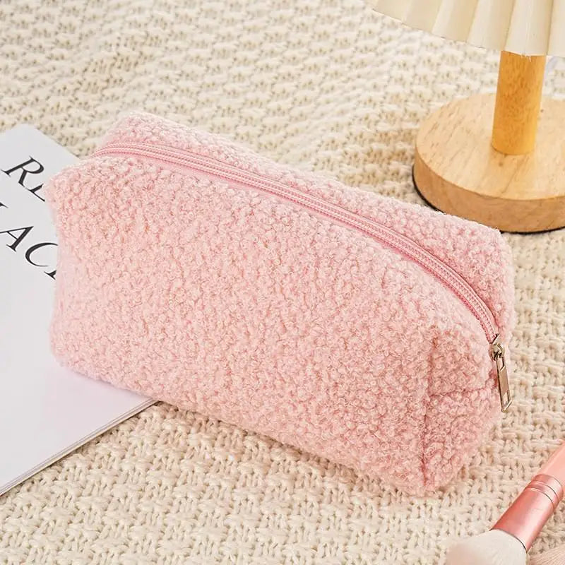 Cute Plush Makeup Bag For Women Portable Travel Small Cosmetic Bags Solid Color Zipper Toiletry Bag Washing Pouch Storage Bags