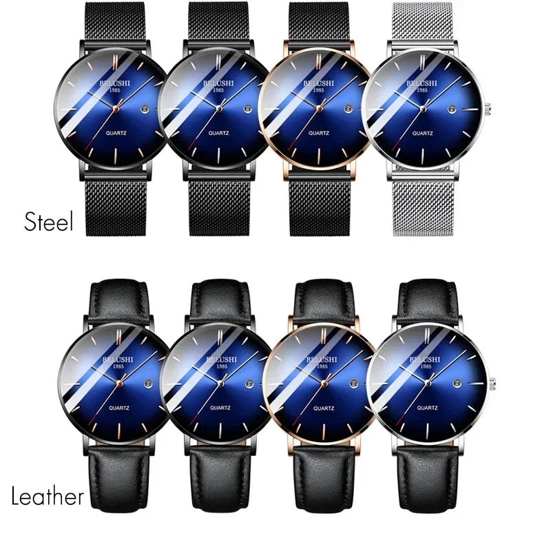 BELUSHI Fashion Mens Watches Top Brand Luxury Slim Steel Mesh Quartz Watch Men Business Waterproof Analog Wrist Watch Male Clock