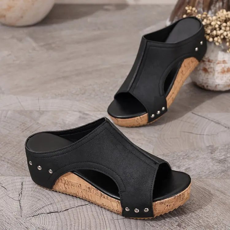 Women's Fashion Wedge Sandals Cork Platform Mules Open Toe Studded Slide Sandals Casual Summer High Heel Slides for Women Ladies