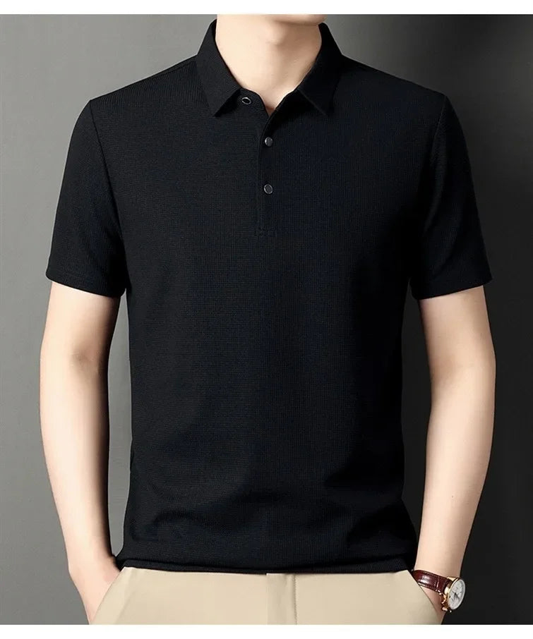 Men's Short Sleeved Lapel Polo Shirt Summer Solid Color T-shirt Loose Fitting Men's Trendy Top