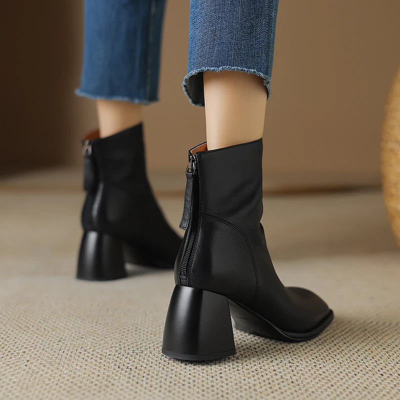 2024 Autumn/winter Women Boots High Heels Square Toe Short Boots Women Shoes Office Lady Gladiator Lady Shoes Genuine Leather