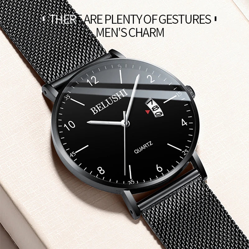 BELUSHI Luxury Brand Men Wristwatches Simple Business Stainless Steel Strap Calendar Male Watch Waterproof Fashion Gift Clock