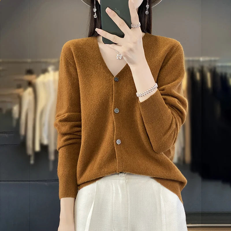 New Fashion Spring Autumn 100% Merino Wool Women's V-neck Cardigan Cashmere Sweater 2024 Female Knitwear Clothing Korean Tops