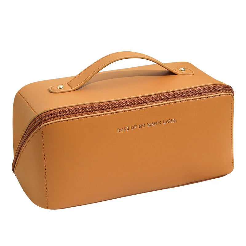 Travel Makeup Bag, Large Capacity Cosmetic Organizer Bags for Women, Waterproof PU Leather Toiletry Bags Wide Open Flat Makeup