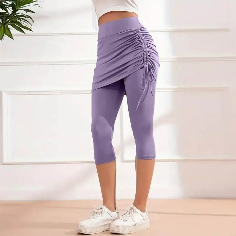 Womens Leggings Tummy High Skirted Leggings Drawstring Side Ruched Fit Workout Bottom 6XDA