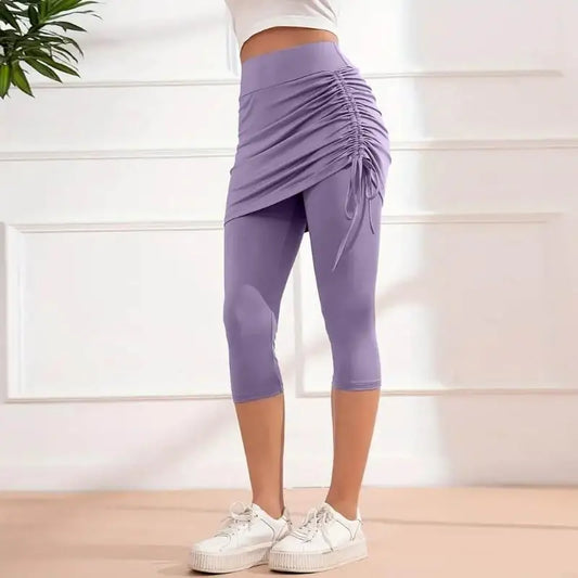 Womens Leggings Tummy High Skirted Leggings Drawstring Side Ruched Fit Workout Bottom 6XDA