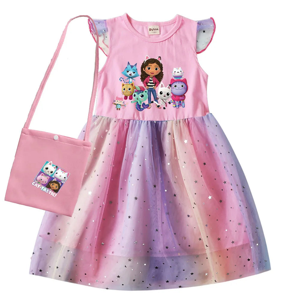 Gabby Cats Clothes Kids Short Sleeve Dresses Toddler Girls Gabbys Dollhouse Rainbow Birthday Party Dress Baby Sequin Vestidos