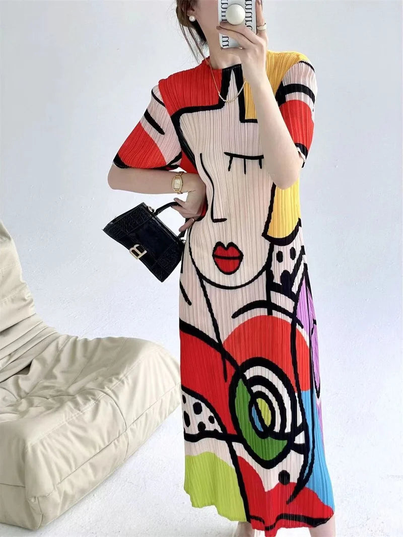 Long Dresses Womens Dresses Spring and Summer new Cartoon Printing Short Sleeve Temperament Fashion Loose Long Dress Female