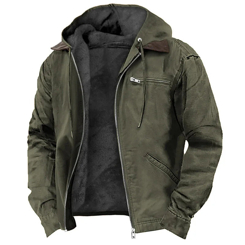 Jacket man 2026 casual coat casual European exclusive solid-color hooded cotton casual men's wear fleece zipper pocket jackets