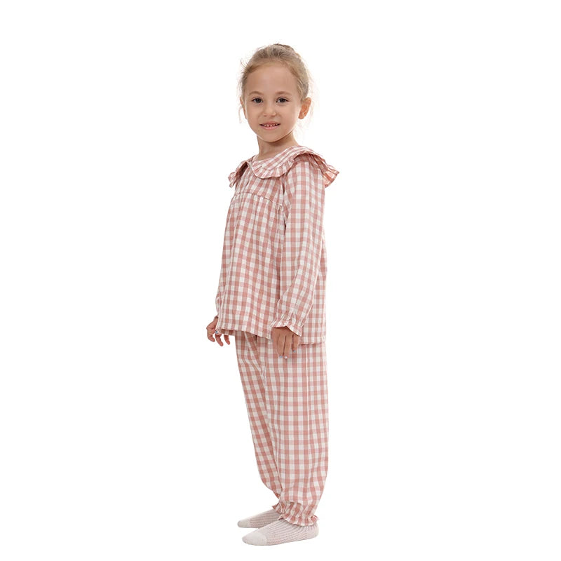 Mudkingdom-Conjunto de pijama para niñas, bonito pijama a cuadros con cuello Peter Pan, ropa para el hogar, pijamas para niños pequeños, pijamas para niñas, ropa de dormir