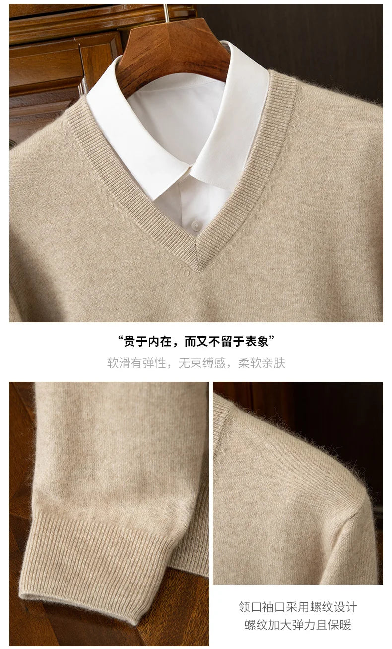 100% Cashmere Men's Pullover Casual Solid Color Knitted Sweater Loose Pull V-Neck Tops Basic Versatile Jumper