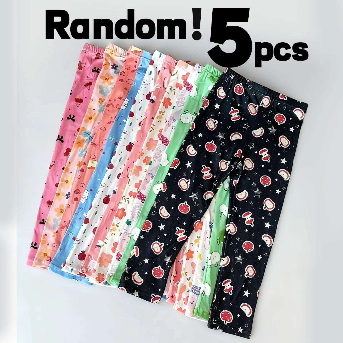 Random Pack of 5 Girls' Printed Leggings for Spring, Autumn, and Early Winter, Comfortable Pants That Can Be Worn Outside