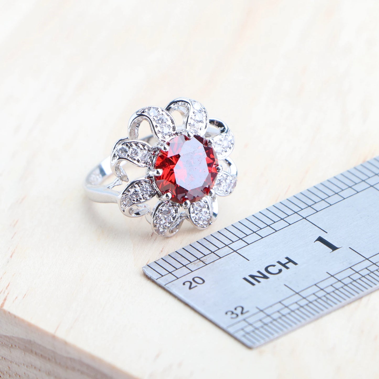 Round Red Zircon Wedding 925 Silver Jewelry Sets Bridal Jewelry Stones Earrings Rings Bracelets Pendant Necklace Set For Women