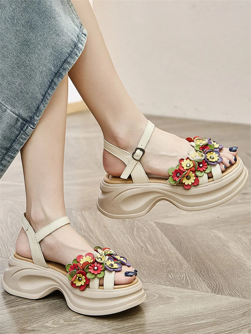 Summer Women's Flat Sandals Leather Mary Jane Ankle Strap Floral Beach Outdoor Platform 6cm Wedge Slipper