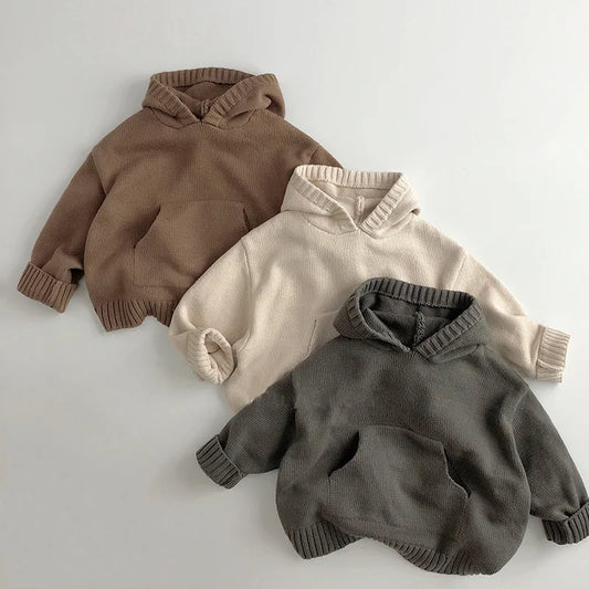 Bolsillo frontal de punto fino para niños y niñas, suéteres con capucha, Jersey de punto, estilo suelto, abrigo de punto con capucha para niña pequeña