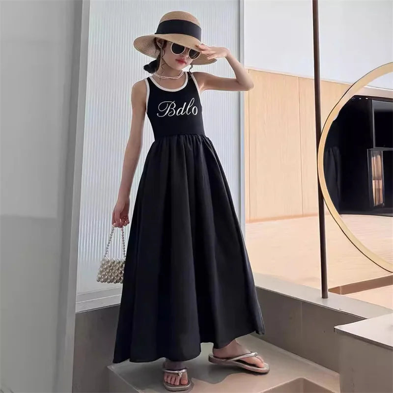 Girls Summer Long Dress Kids Casual Letter Vestidos Children Princess Gown Sleeveless Cool Clothes New Teenager Trends Dresses