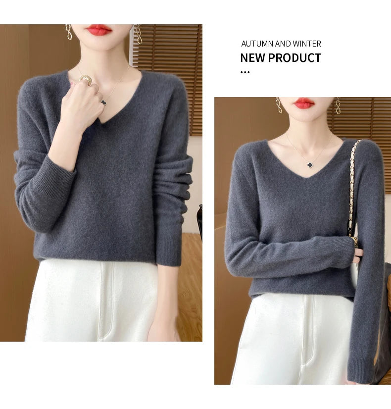 Fashion Pullover 100% Merino Wool Women Sweater V-Neck Long Sleeve Basic Jumper Spring Autumn Winter Clothing Knitwear Tops