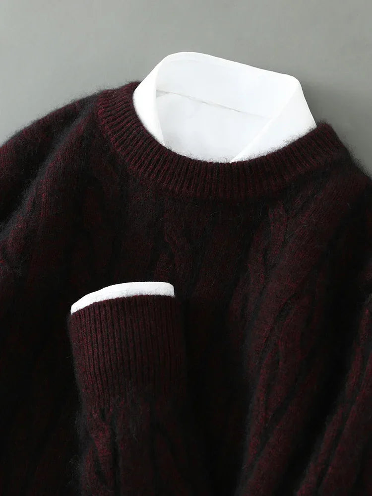Mink Cashmere Cable Knit Pullover for Men O Neck Casual Autumn Winter Sweater Top