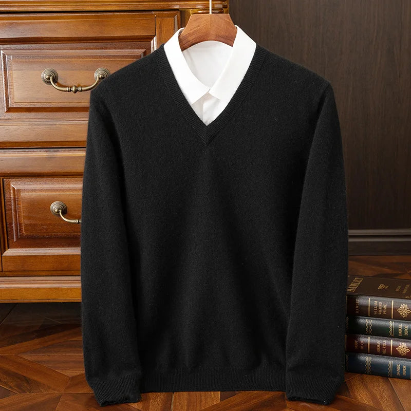 100% Cashmere Men's Pullover Casual Solid Color Knitted Sweater Loose Pull V-Neck Tops Basic Versatile Jumper