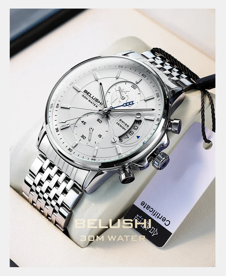 BELUSHI Hot Style Mens Watches Steel Strap Date Quartz Clock Sport Chronograph Men Watch Luminous Waterproof Wristwatches