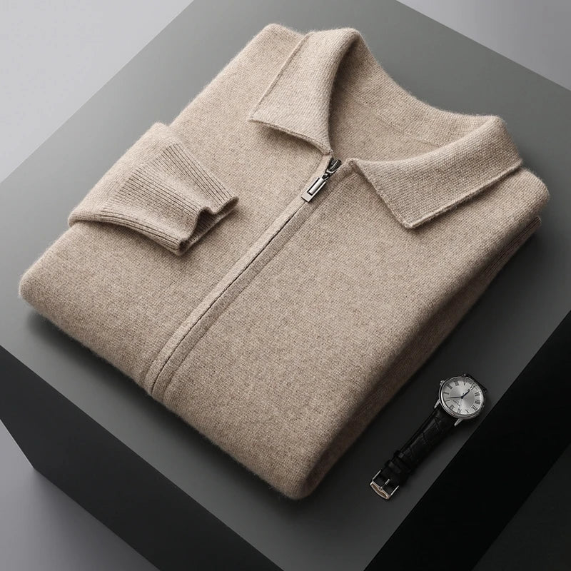 Men's Cardigan 100% Pure Cashmere Jacket Zippered Lapel Knit Sweater, Loose Thickened Long Sleeved Business Casual Autumn Winter