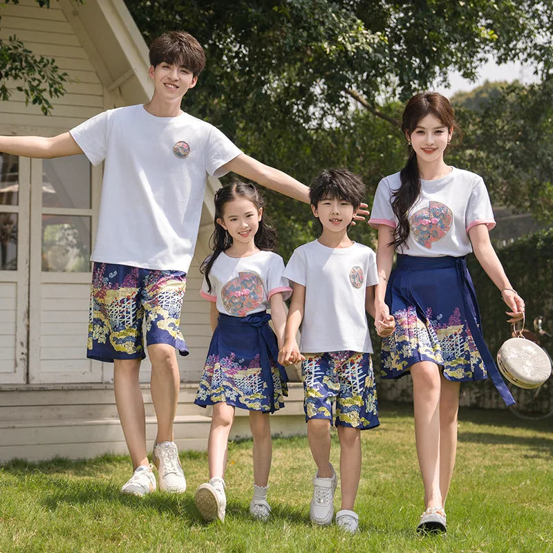 Chinese Hanfu Family Clothes Mom and Daughter Girls T Shirts+Horse-face Skirt Sets Traditional Dad Son Tee Shirts Shorts Outfits