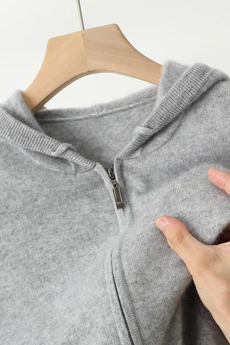 2025 New Men Knitted Plane Hooded Cardigan Cashmere Sweater Zipper Design Pocket Decoration High quality Thick Warmth Hoodie