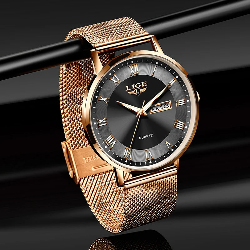 LIGE Woman Watch Luxury Ultra-thin Watch Bracelet Week Date Watches for Women Fashion Dress Ladies Watches Rose Gold Clock Gift