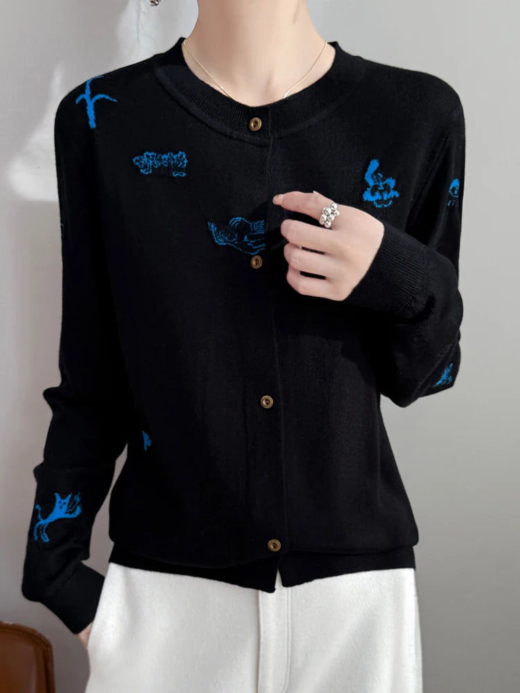 2025 New Merino Worsted Wool Women Sweater Spring Female Knitted Cardigan Long Sleeve Solid Clothing Tops Embroidery Outerwear