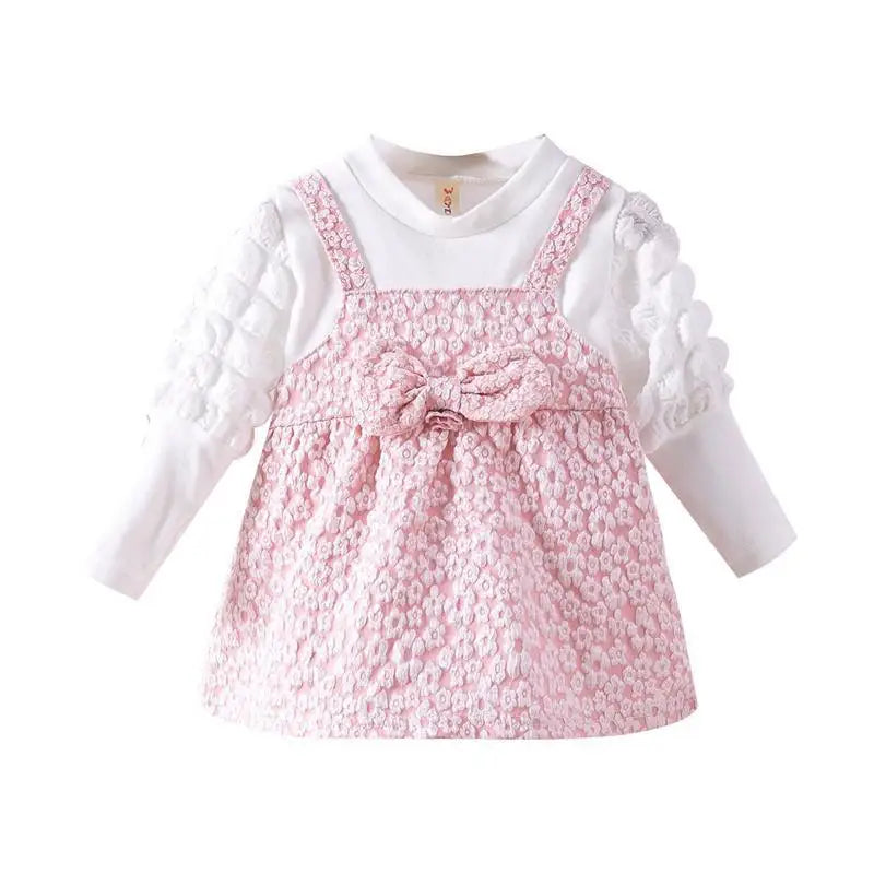 Vestido bonito para bebé de 0 a 2 años, vestido para niña recién nacida, vestido de manga larga con empalme de primavera, vestido bonito con lazo para niña pequeña