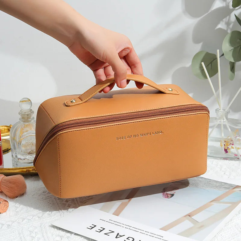 Travel Makeup Bag, Large Capacity Cosmetic Organizer Bags for Women, Waterproof PU Leather Toiletry Bags Wide Open Flat Makeup