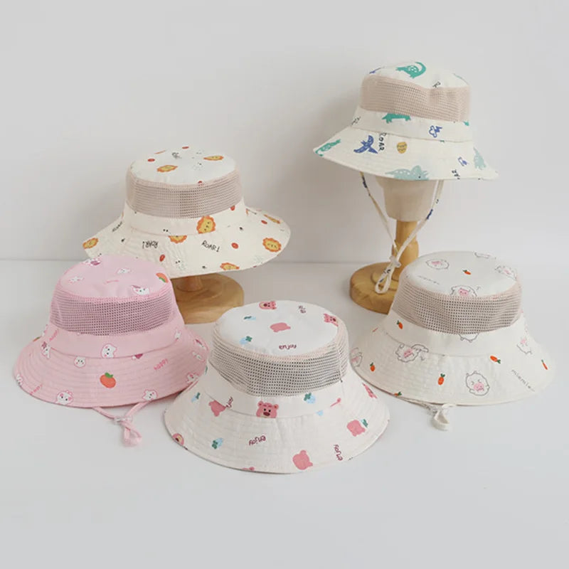 Children Summer Hat Cartoon Print Mesh Bucket Hats for Girls Boys Beach UV Protection Accessories Kids Items 3-8 Years