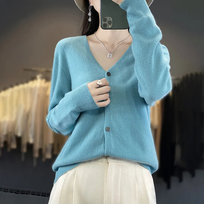 New Fashion Spring Autumn 100% Merino Wool Women's V-neck Cardigan Cashmere Sweater 2024 Female Knitwear Clothing Korean Tops