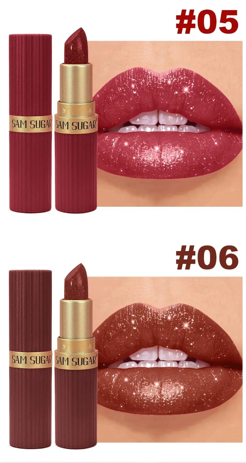 Pearlescent Pink Glitter Lipstick Metallic Waterproof Long Lasting Nude Matte Velvet Lip Stick Shimmer Diamond Women Sexy Makeup