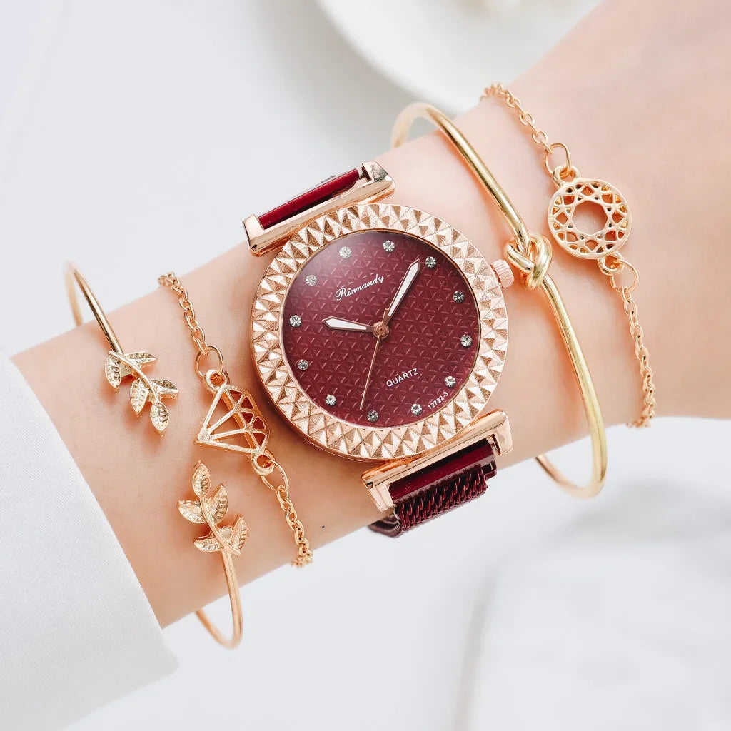 Luxury 5pcs Set Bracelet Watch Women Elegant Magnet Diamond Ladies Quartz Wrist Watch Dress Pink Clock Reloj Mujer Dropshipping