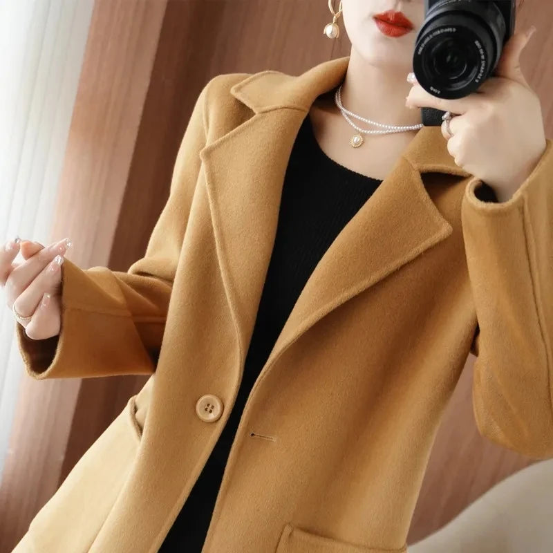 100% Pure Wool Double-Sided Cashmere Jacket Women Overcoat  Autumn Winter New Mid-Length One-Button Slim Wool Windbreakers coat