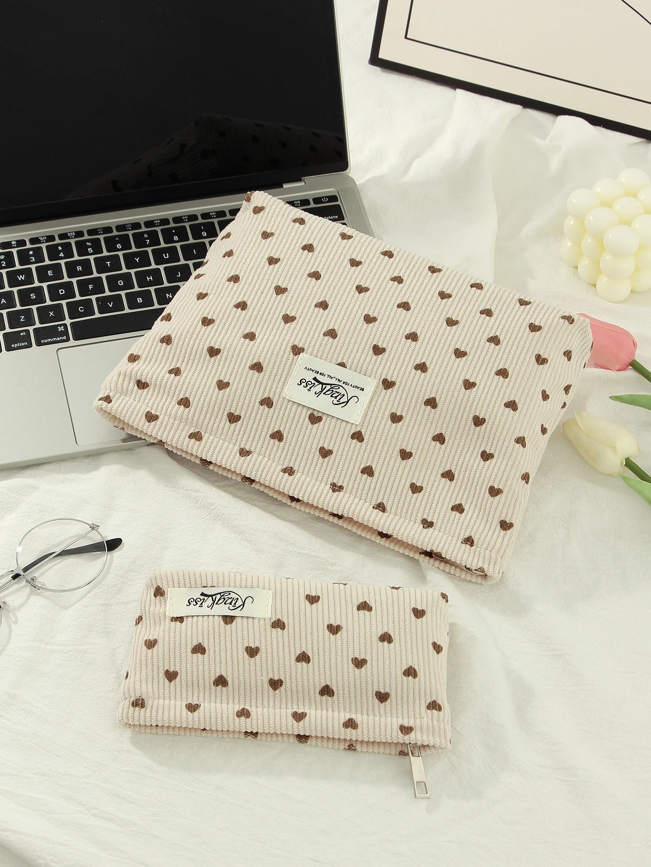 1 piece/set beige heart, bow makeup bag, heart pattern clutch, multifunctional fashion makeup bag, cute makeup brush storage bag