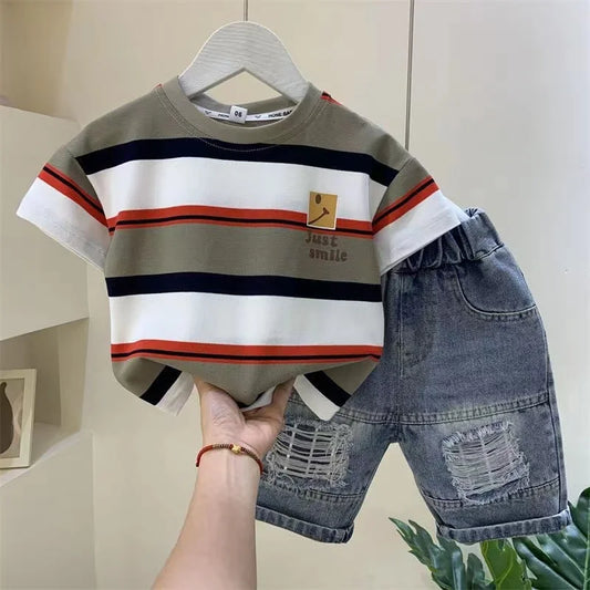 Boys Summer New Boutique Design Outfits Cotton Set Baby Boys Short Sleeve Shirt Jeans Shorts 2pcs Clothing Children 6 7 8Y