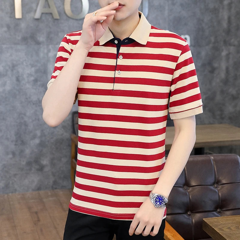 Elegant Fashion Harajuku Slim Fit Ropa Hombre Loose Casual All Match T-shirts Stripe Button Lapel Collar Short Sleeve POLO Shirt