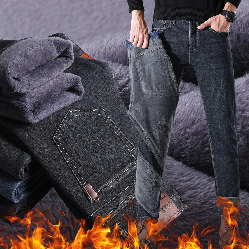 Brand Men Jean Warm Autumn Winter Loose Straight Jeans Male Casual Fleece Lined Thickened Denim Pant Elastic Waist High Trousers