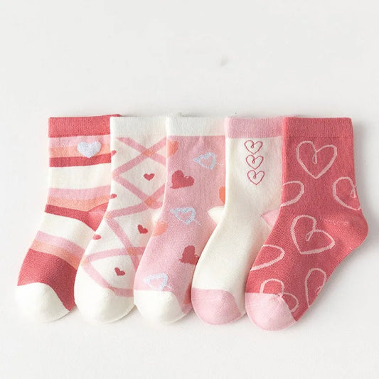 5 par/lote de calcetines de algodón suave para niños, calcetines coreanos con estampado de flores y corazones de amor para niñas, calcetines cálidos de tubo medio para otoño e invierno para niños