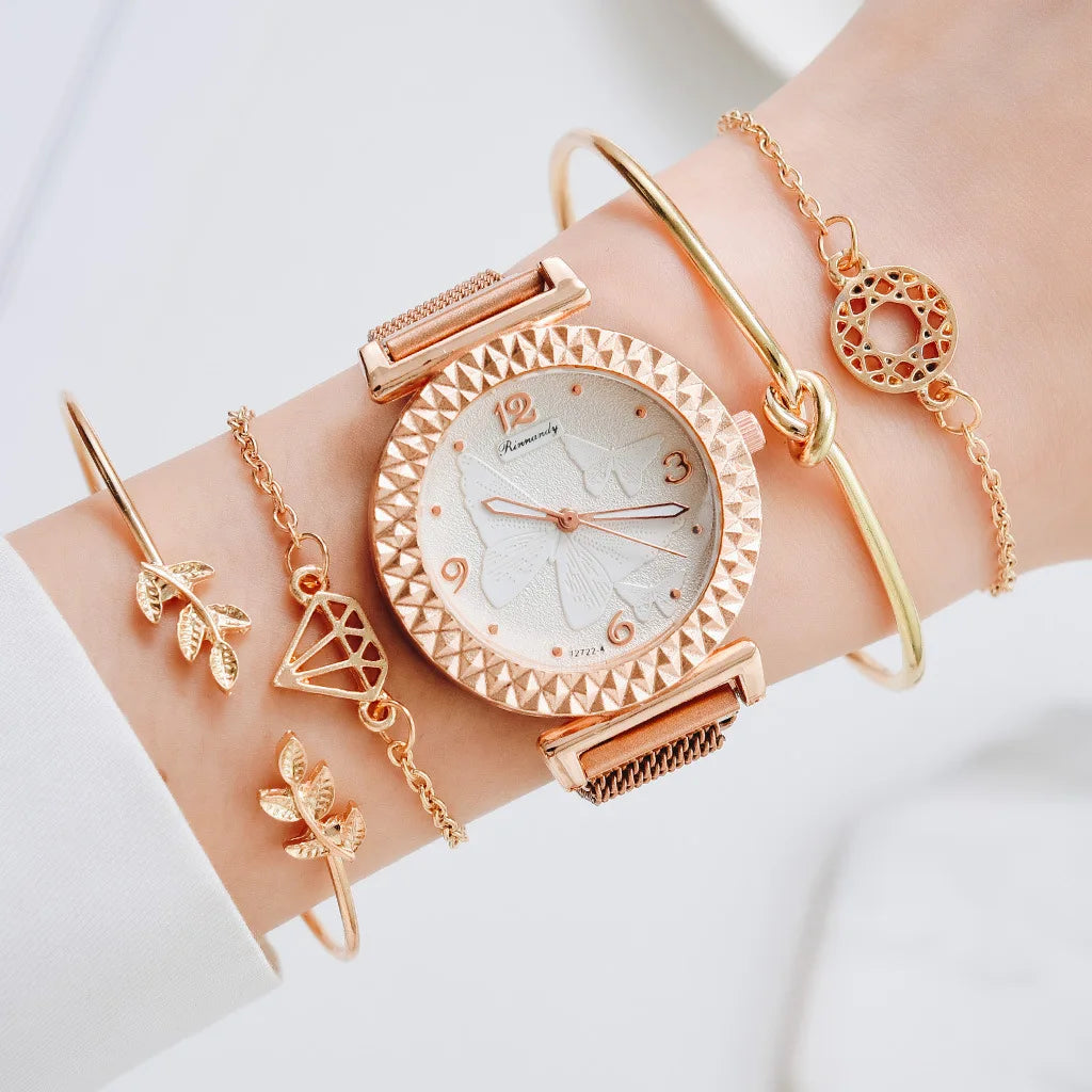 1Sets Luxury Women Watch Set Geometric Bohemian Gold Tassel Bracelets for Women Metal Quartz Wristwatches Bracelet Jewelry Gifts