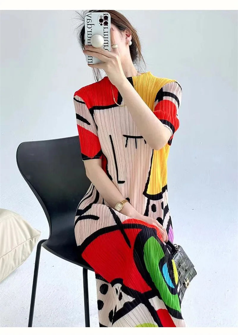 Long Dresses Womens Dresses Spring and Summer new Cartoon Printing Short Sleeve Temperament Fashion Loose Long Dress Female