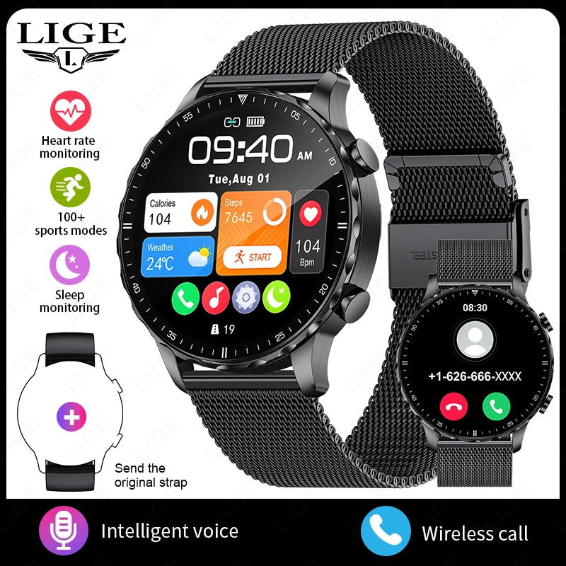 LIGE New Smart Watch 1.53'' 360*360 Full Touch Screen Outdoor Waterproof Bluetooth Call Watches Sports Fitness Man smart watches