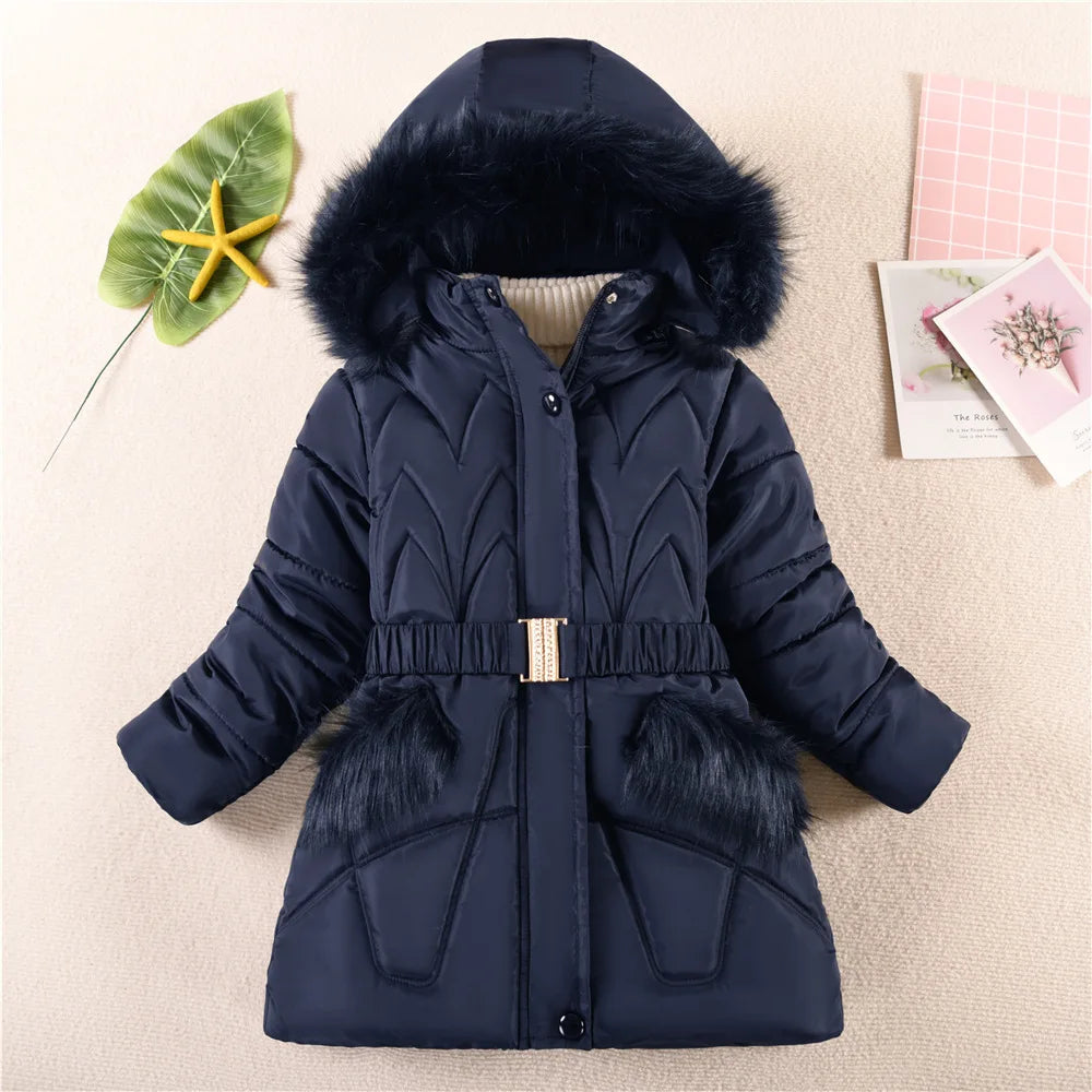 New Winter Keep Warm Girls Jacket  Waist Belt Design Detachable Hat Lining Plush Hooded Heavy Coat For Kids