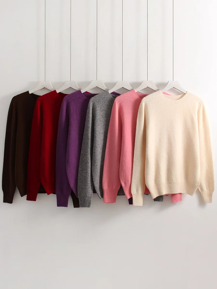 Women Cashmere Sweaters Burgundy O Neck Warm Knitted Brown Pullover Jumper Autumn Winter Wool Sweater Woman Purple Knit Top