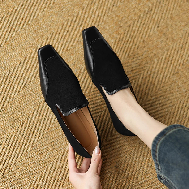 2025 NEW Autumn Women Loafers Genuine Leather Women Shoes Square Toe Chunky Heel Shoes Women Pumps Soft Ladies Shoes