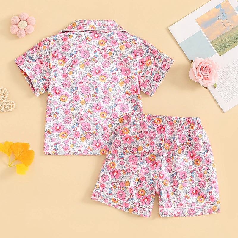 Conjunto de pijama floral para niña pequeña, camisa con botones de manga corta y pantalones cortos, 2 piezas, ropa de estar por casa para niños