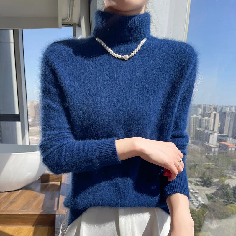 100% Mink Cashmere Top-Lapel Women Sweater Long-sleeves Fashion High-elasticity Sexy Winter Knitted Pullover Girl Tops 2024